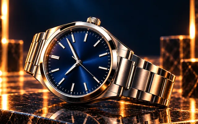 Đồng hồ nam mặt xanh navy đặt trên bệ đá sẫm