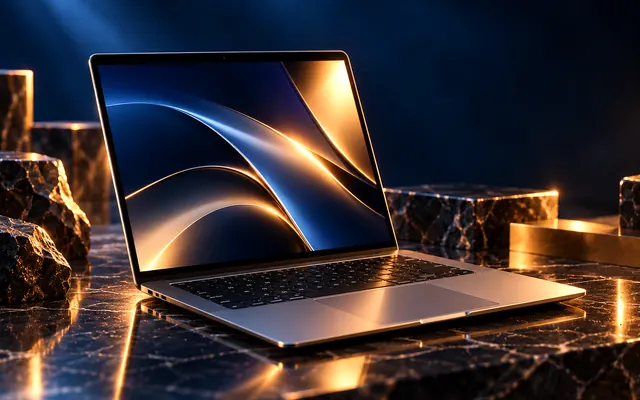 Laptop mở màn hình đặt trên bệ đá sẫm