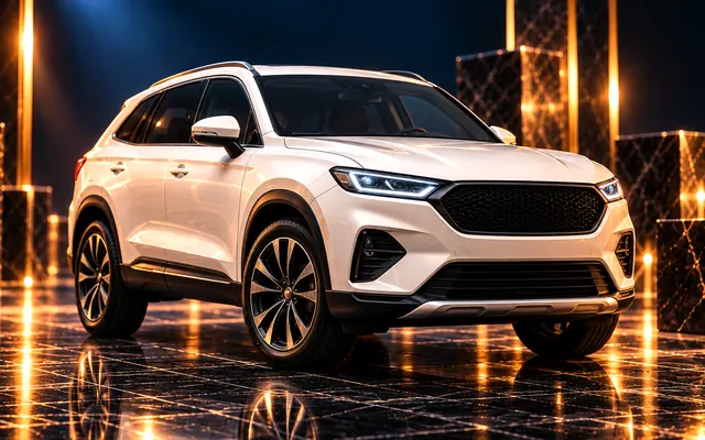 Ô tô SUV màu trắng trên nền sân khấu tối
